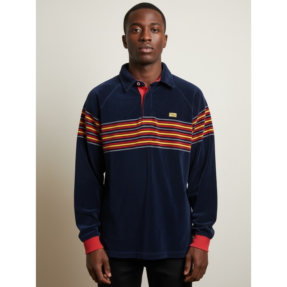 Vintage Mecca USA Velour Rugby Shirt Mens XL Navy Blue Red Yellow Striped 90s